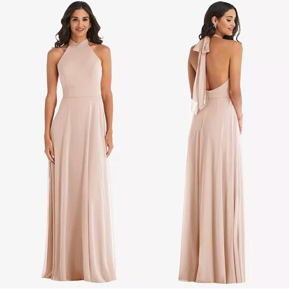 After Six 1545 High Neck Halter Backless Maxi Dress in Cameo Luxe Chiffon 10 NWT - Picture 1 of 13